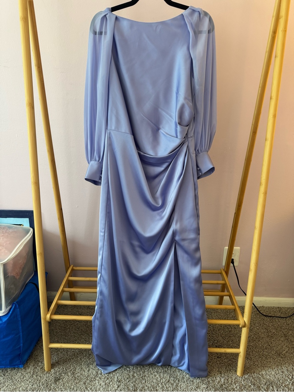 Theia Lilac Satin Long Sleeve Draped Maxi Dress
